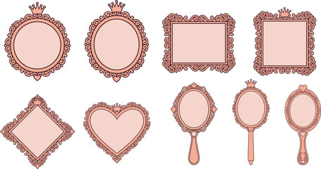 Obraz premium Vintage princess mirror frame set with cute pink ornate borders crowns hearts and hand mirrors for fairy tale design