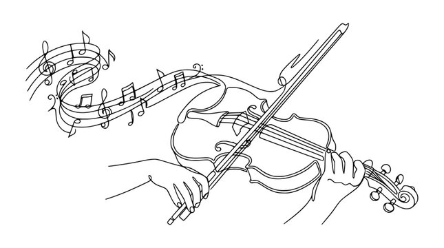 Violin playing, music notes flowing, isolated line art illustration