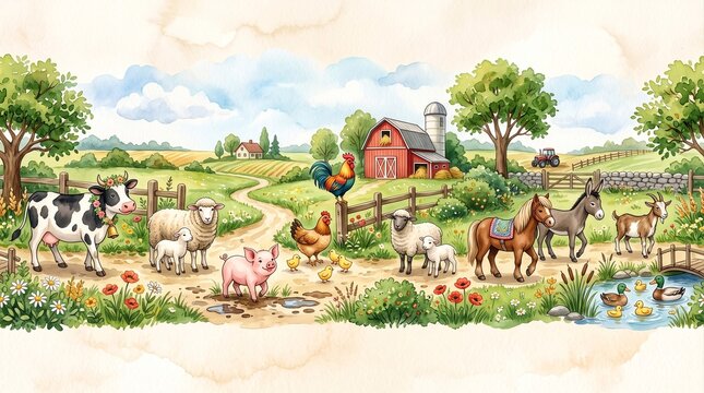 Countryside farm scene with domestic animals watercolor painting