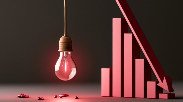 Red graph with downward trend next to hanging light bulb, representing decline in ideas and concepts about growth, innovation, and potential failures