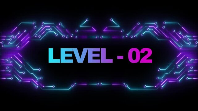 Level 02 neon cyberpunk title card with glowing digital circuit board animation