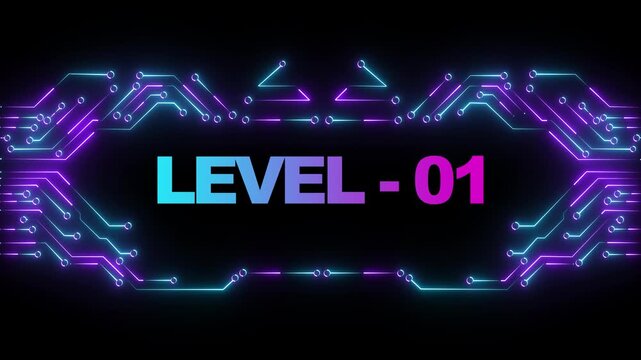 Level 01 neon gaming title card with glowing cyberpunk circuit board animation