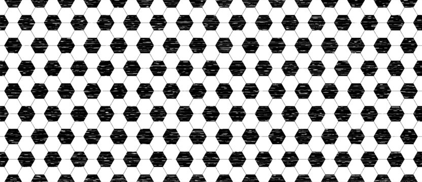 Soccer ball grunge pattern in black and white colors. Football game hexagon texture background. Ball hexagonal pattern. Mosaic geometric design bg. Vector illustration