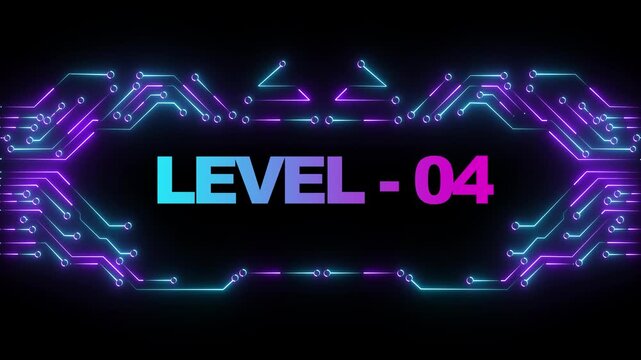 Neon cyberpunk level 04 gaming screen with glowing circuit board hud overlay