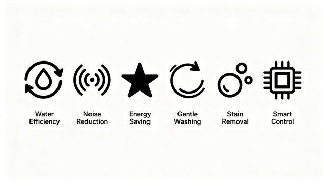 Simplified laundry equipment function icons, noise reduction and water-saving intelligent pollution control and cleaning, promotional materials for household washing machine products.
