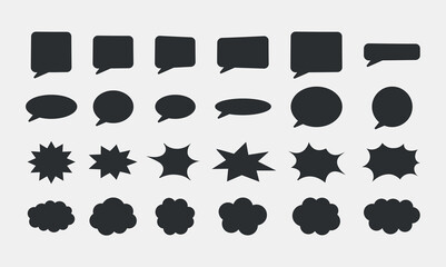 Fototapeta premium Set of flat speech bubbles and explosion clouds in solid black for dialogs, chats and graphic design