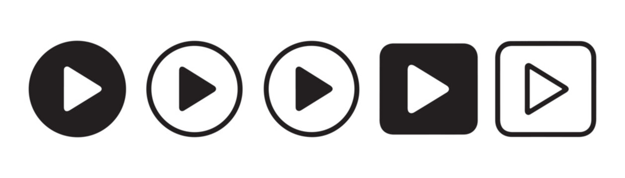 Play button icon set with circle and square shapes in black for digital media player interface design.