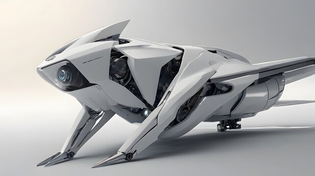 Futuristic white mechanical cybernetic drone vehicle mecha creature 3D concept illustration for corporate stock photo presentation website background header element