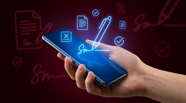 Electronic signature on smartphone concept with hand holding mobile device and glowing digital icons for contract signing and online security.