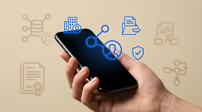 Hand holding a smartphone with floating blue business icons representing digital data management, cloud computing, and secure networking for office work.