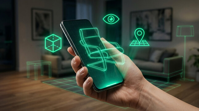 Augmented Reality Furniture App on Mobile Phone Screen for Home Interior Design and Virtual Room Decorating with Digital Green Icons