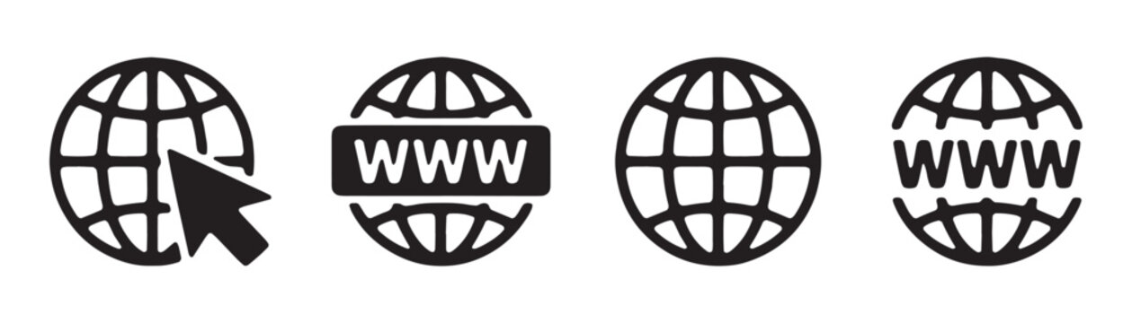 Globe icons with arrow and www text elements for web navigation design and internet browser interface.