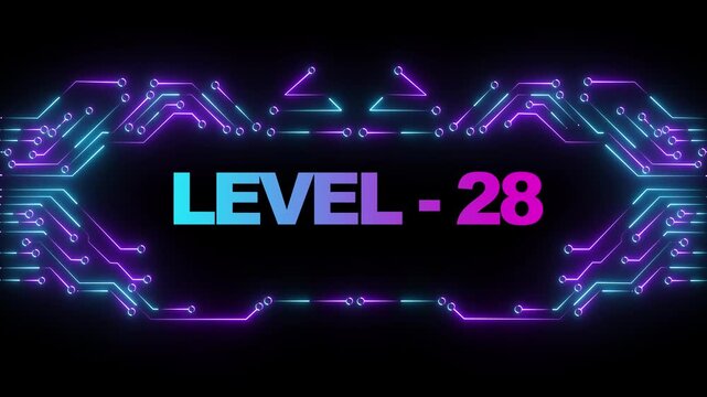 Level 28 neon gaming sign with futuristic circuit board background animation