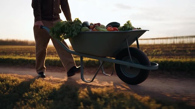 Person pushes wheelbarrow filled with green plants along outdoor path during warm sunset light, showing steady movement through rural landscape with low viewpoint and natural field background