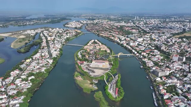Aerial view of the ancient city of Hoi An and the Thu Bon River in Vietnam