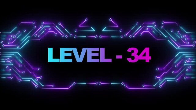 Level 34 neon cyberpunk gaming title screen with animated circuit board background