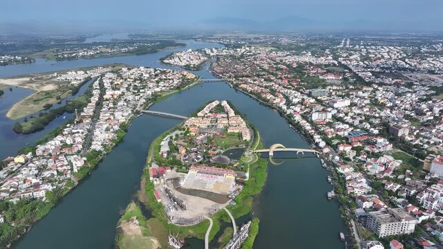 Aerial view of the ancient city of Hoi An and the Thu Bon River in Vietnam
