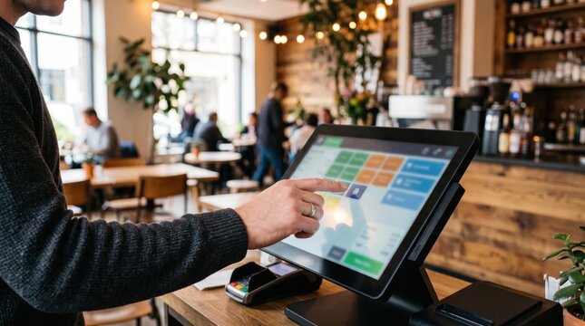 Modern cafe owner using digital POS tablet system for customer payment processing, small business retail technology, touchscreen interface in coffee shop environment