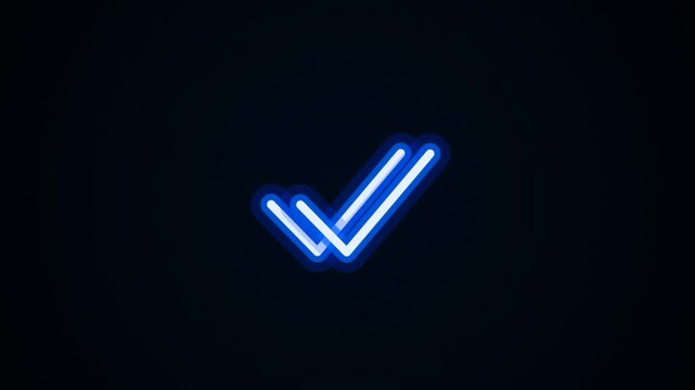 Neon blue double checkmark icon glowing on dark background, digital symbol for completed task, verification, success, and message delivered status
