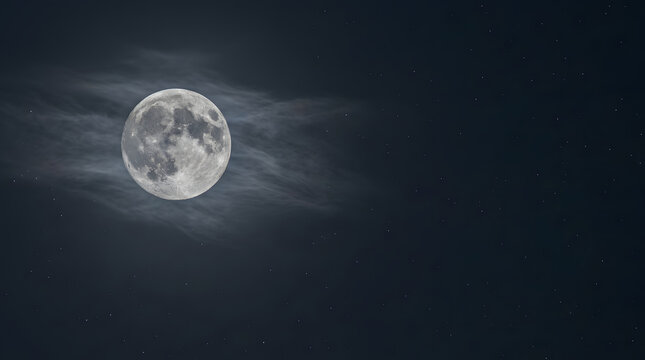 Bright Full Moon Shining Radiantly Behind Wispy Night Clouds in the Dark Celestial Sky at Midnight