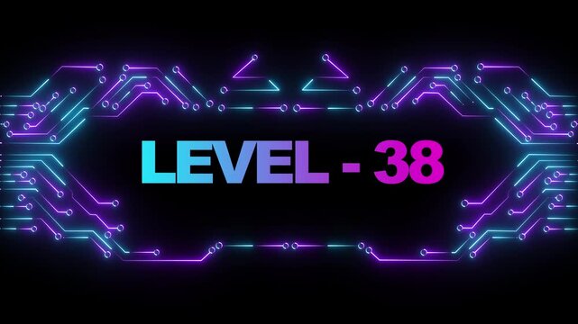 Neon cyberpunk level 38 gaming screen with glowing circuit board hud overlay