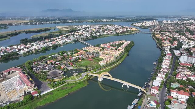 Aerial view of the ancient city of Hoi An and the Thu Bon River in Vietnam