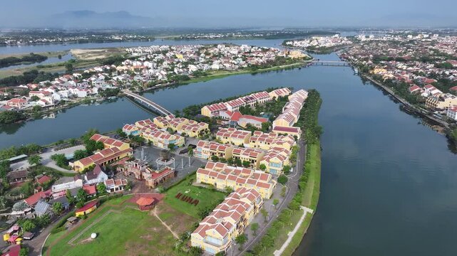 Aerial view of the ancient city of Hoi An and the Thu Bon River in Vietnam