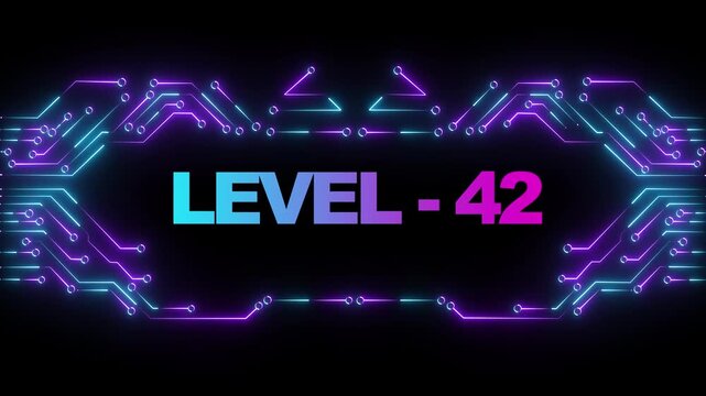 Level 42 gaming title screen with neon cyberpunk circuit board background