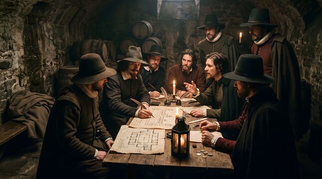Group of men in historical attire gathered around a table in a dimly lit room.