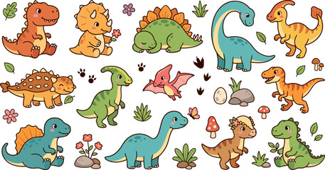 Cute Baby Dinosaur Vector Character Set Featuring Cartoon Prehistoric Reptiles Eggs Flowers Leaves and Footprints for Children Nursery Room Designs © Saidi