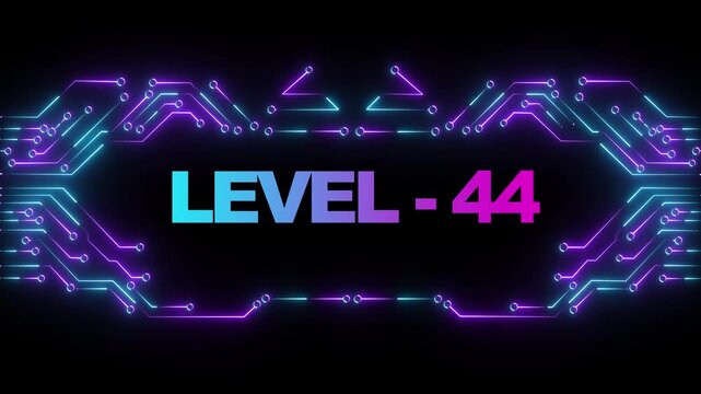 Level 44 neon gaming title screen with cyberpunk circuit board animation