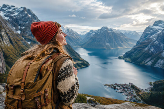 Female Hiker Overlooking Dramatic Norwegian Fjord Mountain Landscape