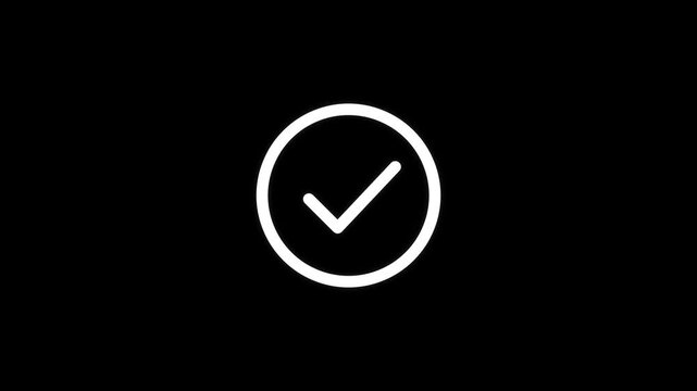 White checkmark circle icon on black background signifying success approval and completed task state for interface motion