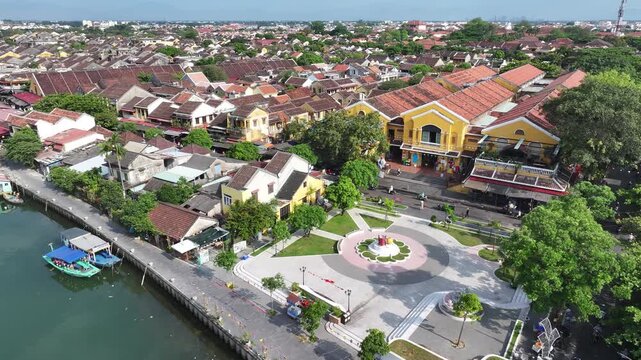 Aerial view of the ancient city of Hoi An and the Thu Bon River in Vietnam