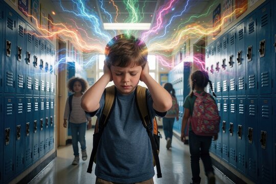 Boy covers ears in school hallway amid colorful lightnings representing sensory overload. Other kids walk past, oblivious to his distress. Visualizes autistic experience and challenges.