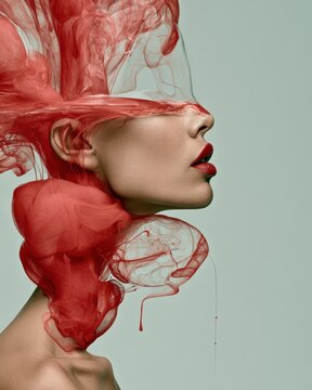 Abstract profile of persons face dissolving into smooth fluid vibrating cymatic sound patterns of liquid copper with dark slate grey background.