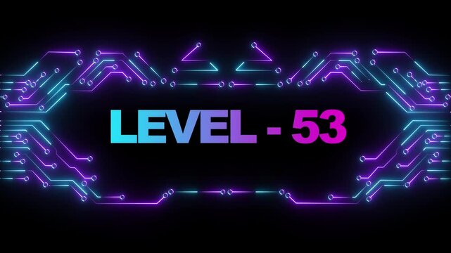 Level 53 neon gaming interface with cyberpunk circuit board background