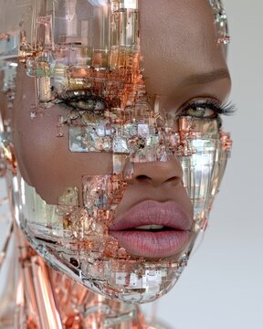 Abstract profile of persons face dissolving into smooth fluid vibrating cymatic sound patterns of liquid copper with dark slate grey background.