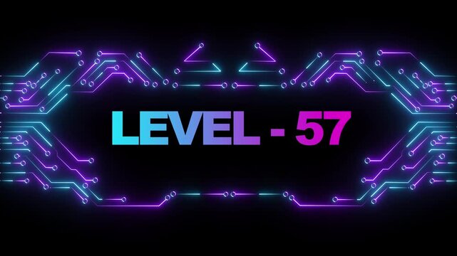 Level 57 neon cyberpunk gaming title screen with glowing circuit board animation