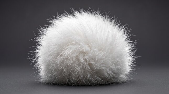 Macro isolated fluffy white angora fur pom-pom. Photoshop cutout texture asset.