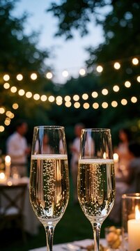 Two champagne flutes with sparkling wine on garden table. Elegant outdoor evening party with warm fairy lights, candles. Guests celebrate at luxury wedding reception summer dinner event. Romantic