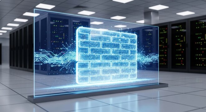 Futuristic glowing blue neon 3D holographic digital firewall brick wall icon with circuit board patterns, displayed on a sleek transparent glass interactive screen panel, emitting bright light and