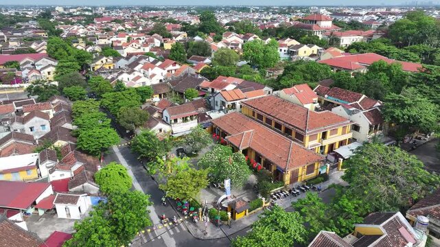 Aerial view of the ancient city of Hoi An and the Thu Bon River in Vietnam