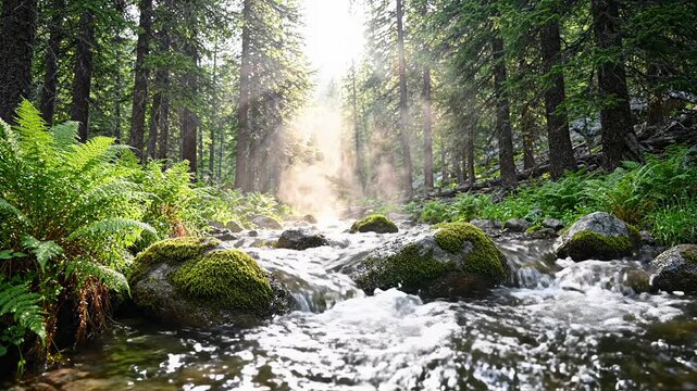 Sunlight streams through lush forest, illuminating clear, flowing stream over mossy rocks. Natures woodland beauty, tree light dances on water, peaceful serenity found