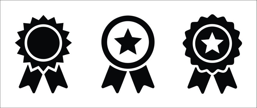 Black award ribbon icon set with stars and circular badges, achievement medals, quality certification symbols, excellence recognition and business success vector design