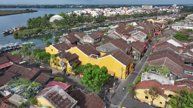 Aerial view of the ancient city of Hoi An and the Thu Bon River in Vietnam