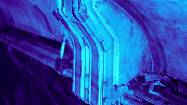 The image shows a close up view of worn architectural details lit by blue light. The scene takes place indoors at night, highlighting the textures and patterns.