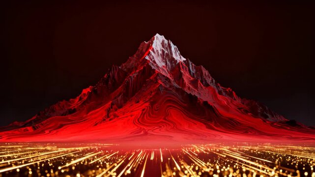 Surreal landscape featuring a red marbled mountain peak with snow and glowing gold light trails at night