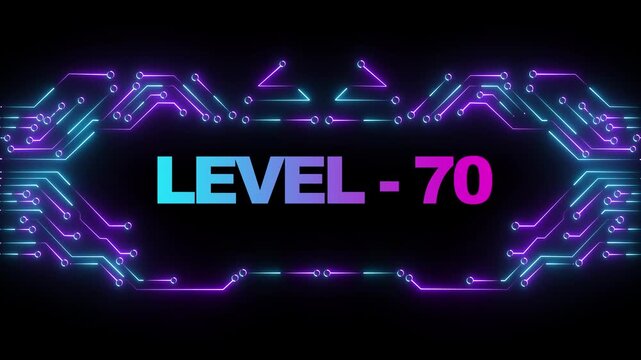 Level 70 neon gaming achievement sign with glowing cyberpunk circuit board background