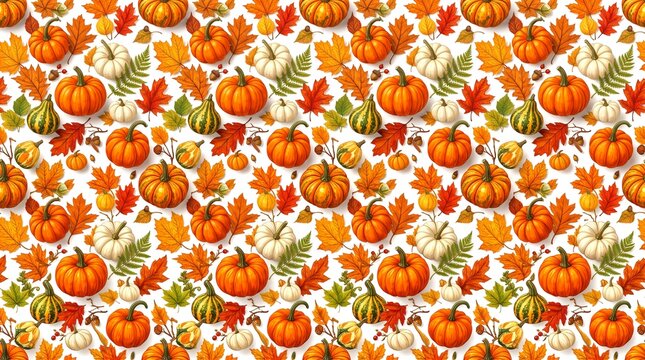 Vibrant seamless fall harvest pattern featuring diverse pumpkins gourds colorful autumn leaves and acorns on a clean white backdrop